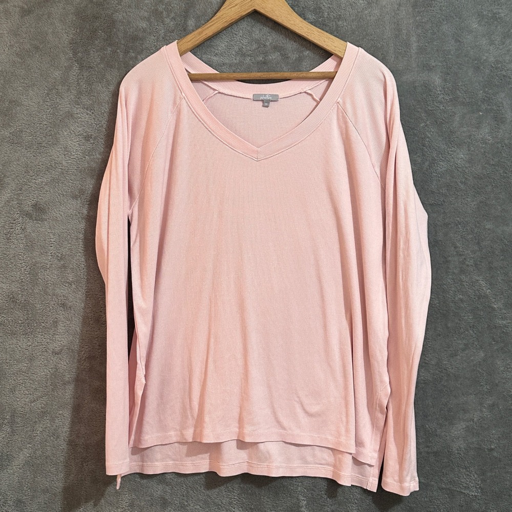 PJ Harlow Frankie Ribbed V-Neck Pink Lounge Top Women's M Soft Cozy Loungewear